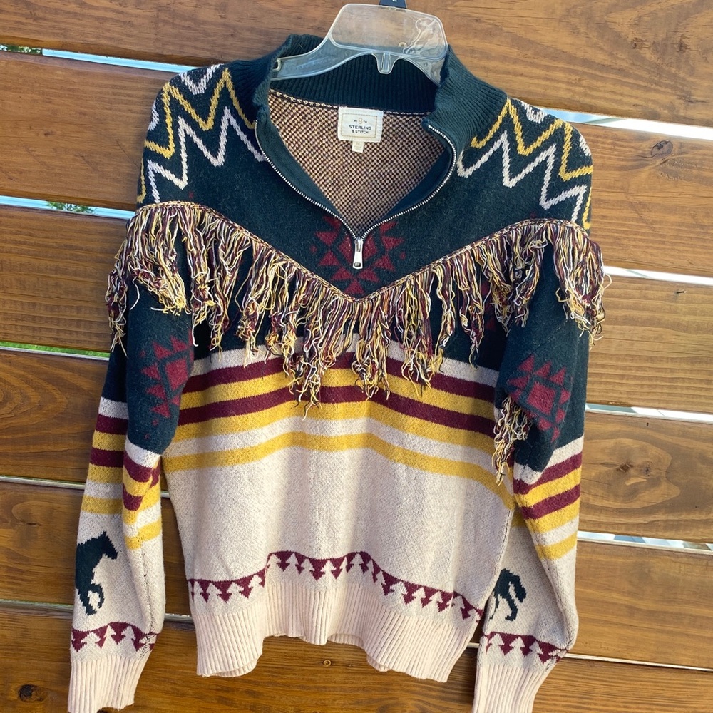 Western Sterling & Stitch Fringed Sweater horses
